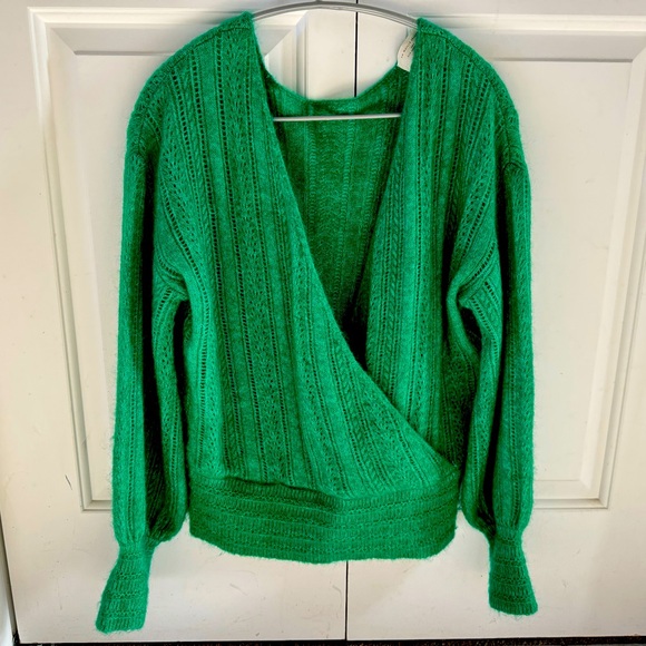 NEW Sezane Cristina Jumper Sweater Top Bright Green V-Neck Mohair Wool Knit S - Picture 3 of 6